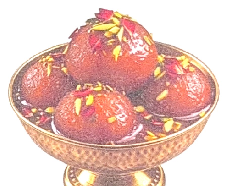 Gulab jamun with pistachio and rose petals in a brass bowl